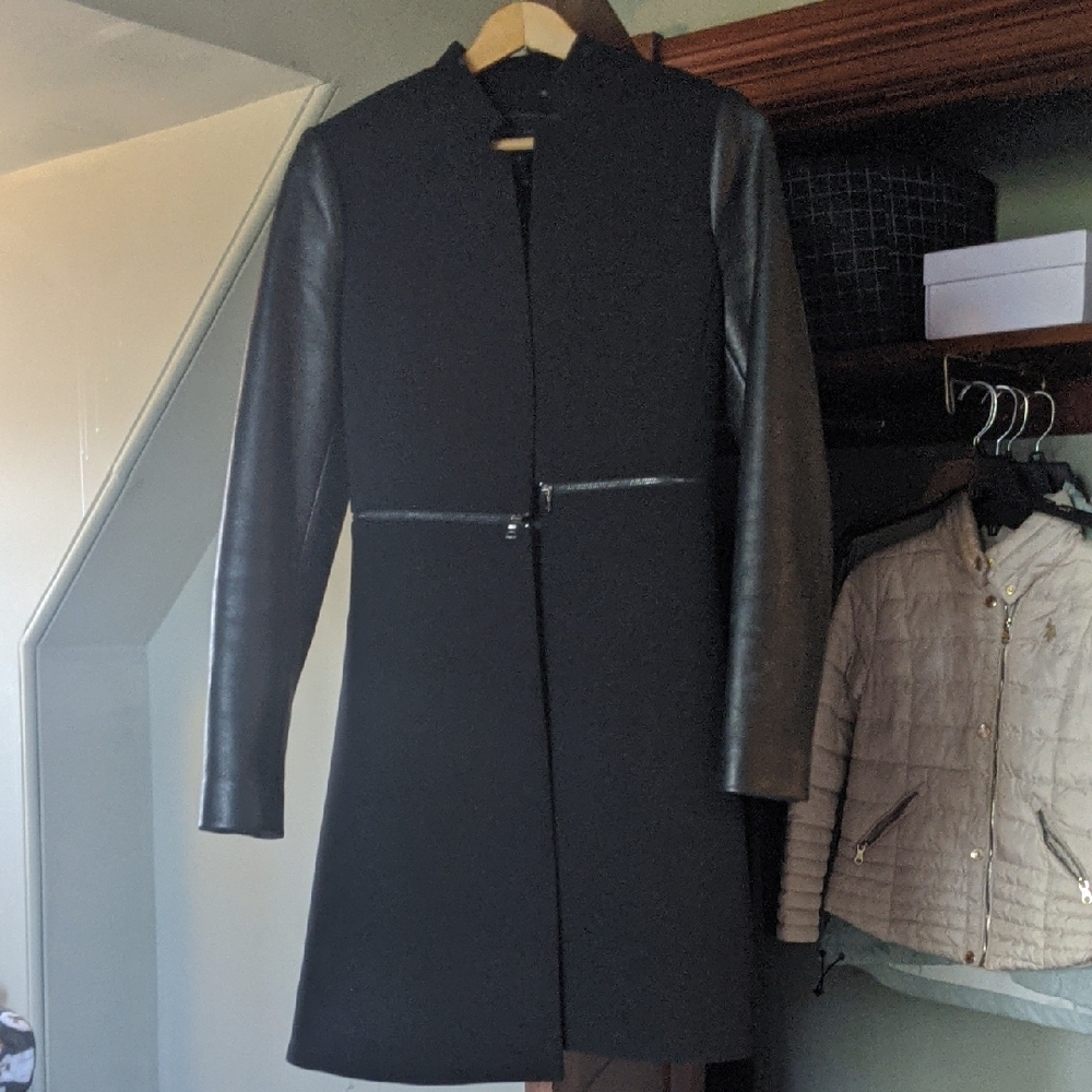 Petite Sophisticated BCBG Paris Black Leather Sleeve Jacket